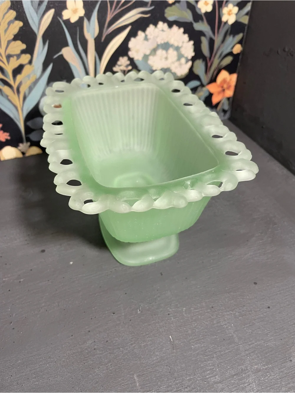 Frosted Sea Green Pedestal Compote Candy Dish MCM Vintage